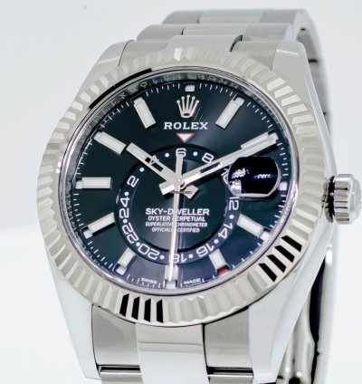 Rolex Sky-dweller 42mm White Gold Steel Black Index Dial Fluted Bezel 336934