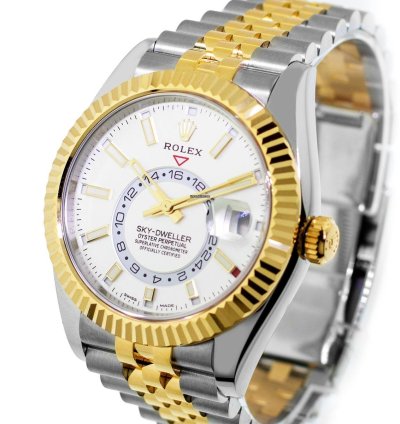 Rolex Sky-dweller 42mm Yellow Gold Stainless Steel White Index Dial Fluted Bezel 336933