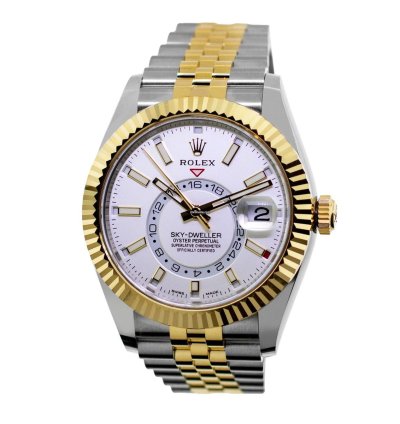 Rolex Sky-dweller 42mm Yellow Gold Stainless Steel White Index Dial Fluted Bezel 336933
