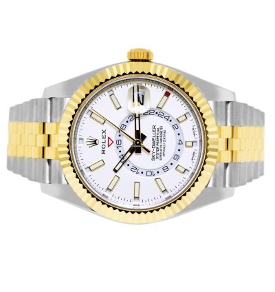 Rolex Sky-dweller 42mm Yellow Gold Stainless Steel White Index Dial Fluted Bezel 336933
