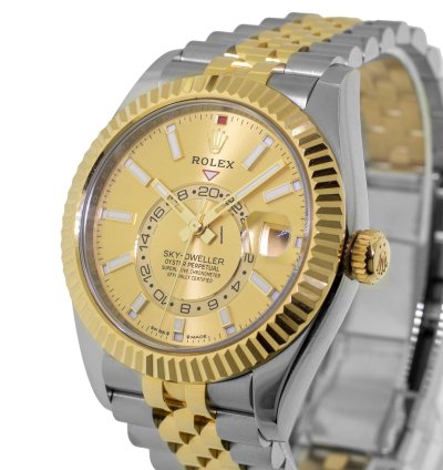 Rolex Sky-dweller 42mm Yellow Gold Steel Champagne Index Dial Fluted Bezel 336933
