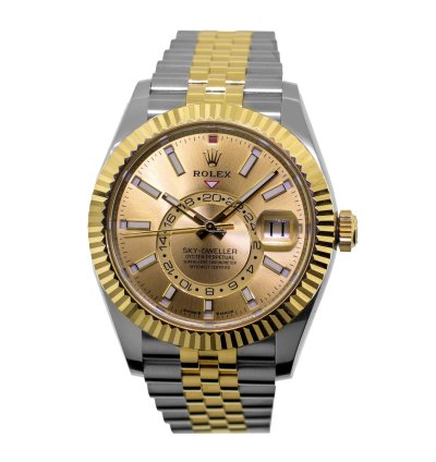 Rolex Sky-dweller 42mm Yellow Gold Steel Champagne Index Dial Fluted Bezel 336933
