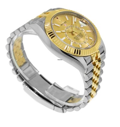 Rolex Sky-dweller 42mm Yellow Gold Steel Champagne Index Dial Fluted Bezel 336933