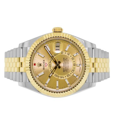 Rolex Sky-dweller 42mm Yellow Gold Steel Champagne Index Dial Fluted Bezel 336933