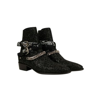 Black Glitter Bandana Buckle Ankle Boots Size 43