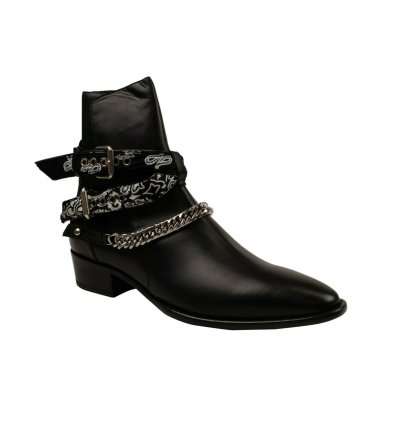 Black Leather Bandana Buckle Boots Size 44