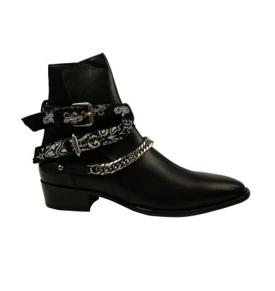 Black Leather Bandana Buckle Boots Size 44
