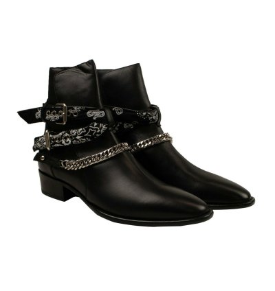 Black Leather Bandana Buckle Boots Size 44