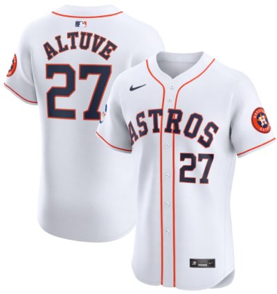 Jose Altuve 27 Houston Astros Home Elite Sponsor Patch Player Men Jersey - White
