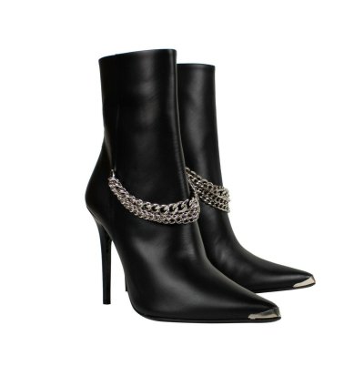 Black Leather Western Chain Heel Boots Shoe Size 9 39