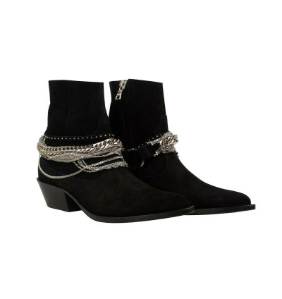 Black Suede Western Chain Ankle Boots Size 41