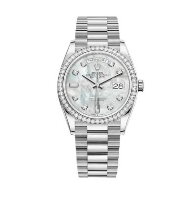 Rolex Day-date 128349rbr White Gold Diamond Bezel Mother Of Pearl Diamond Dial