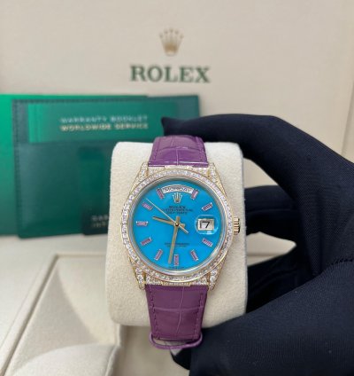 Rolex Day-date 128458tbr Purple Strap Blue Dial Factory Diamonds