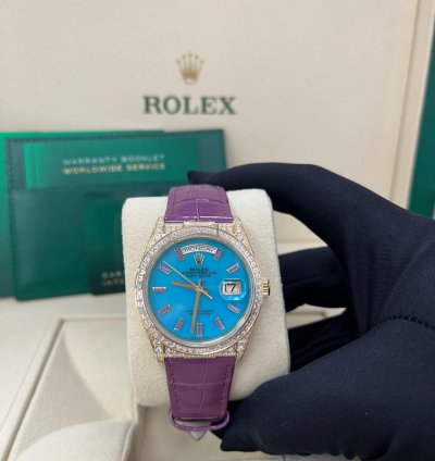 Rolex Day-date 128458tbr Purple Strap Blue Dial Factory Diamonds