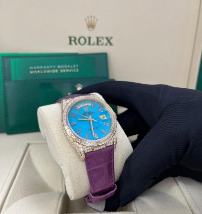 Rolex Day-date 128458tbr Purple Strap Blue Dial Factory Diamonds