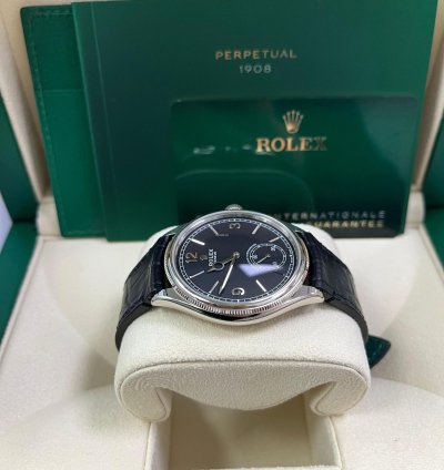 Rolex 1908 Domed And Fluted Bezel Black Index Arabic Dial Alligator Leather Strap 52509