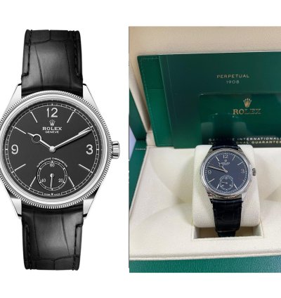Rolex 1908 Domed And Fluted Bezel Black Index Arabic Dial Alligator Leather Strap 52509