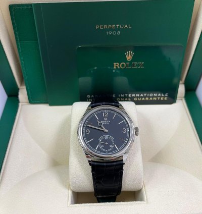 Rolex 1908 Domed And Fluted Bezel Black Index Arabic Dial Alligator Leather Strap 52509