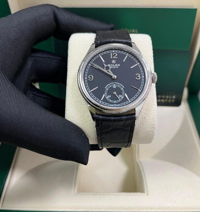 Rolex 1908 Domed And Fluted Bezel Black Index Arabic Dial Alligator Leather Strap 52509
