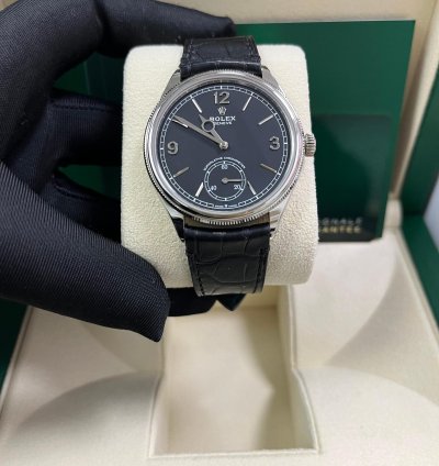 Rolex 1908 Domed And Fluted Bezel Black Index Arabic Dial Alligator Leather Strap 52509