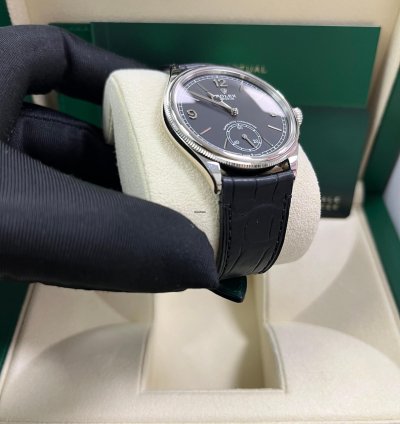 Rolex 1908 Domed And Fluted Bezel Black Index Arabic Dial Alligator Leather Strap 52509