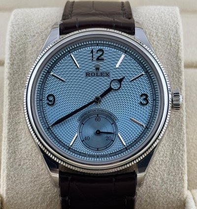 Rolex 1908 Ice Blue Dial Leather Strap Platinum