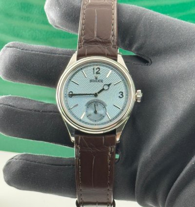Rolex 1908 Ice Blue Dial Leather Strap Platinum