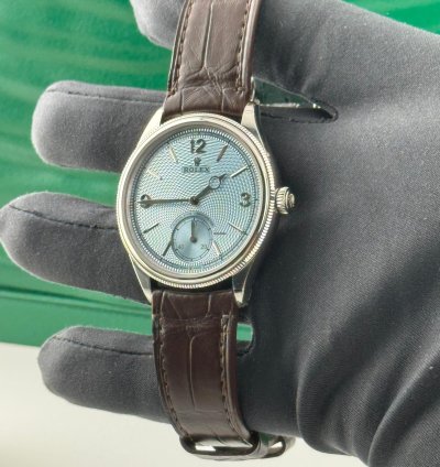 Rolex 1908 Ice Blue Dial Leather Strap Platinum