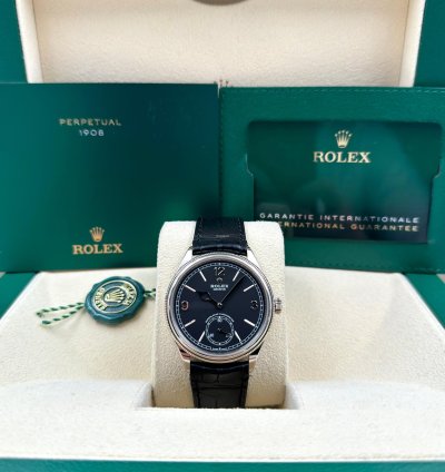 Rolex 1908 Unworn 1908 Black Dial White Gold Leather Strap 52509 Box Papers 2024