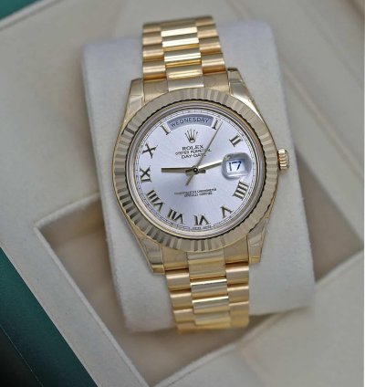 Rolex Day-date Ii 218238 Yellow Gold Watch Silver Roman Dial Absolutely Never Worn Factory Stickers