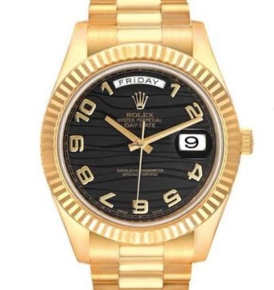 Rolex Day-date Ii 41mm Fluted Bezel Yellow Gold Black Arabic Wave Dial 218238