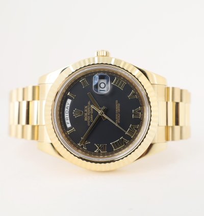 Rolex Day-date Ii 41mm Fluted Bezel Yellow Gold Black Roman Dial Presidential 218238