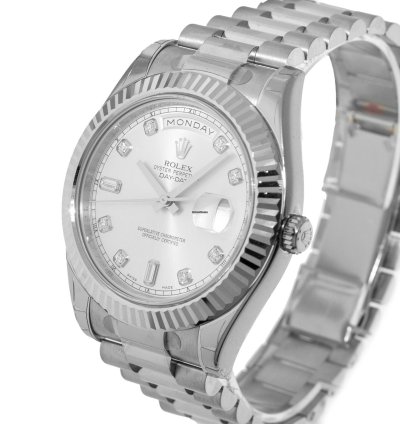 Rolex Day-date Ii 41mm New Old Stock White Gold Silver Diamond Dial Fluted Bezel 218239