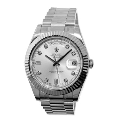Rolex Day-date Ii 41mm New Old Stock White Gold Silver Diamond Dial Fluted Bezel 218239