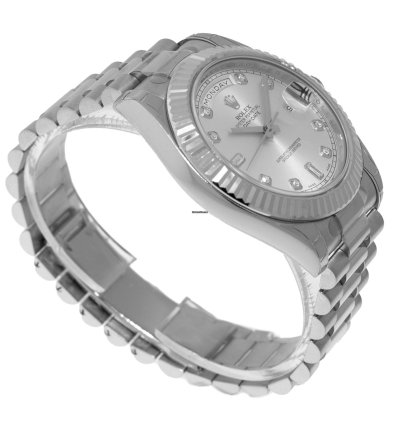 Rolex Day-date Ii 41mm New Old Stock White Gold Silver Diamond Dial Fluted Bezel 218239