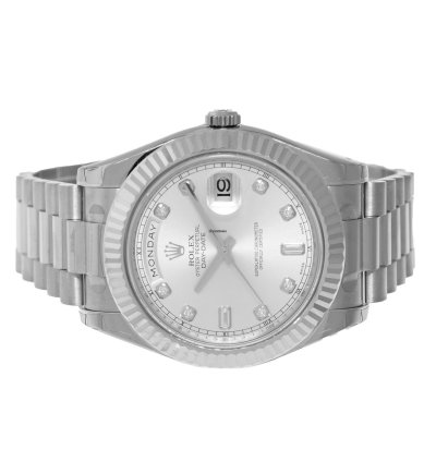Rolex Day-date Ii 41mm New Old Stock White Gold Silver Diamond Dial Fluted Bezel 218239