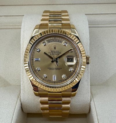 Rolex Day-date Ii 41mm Yellow Gold Fluted Bezel Champagne Diamond Dial Presidential Band