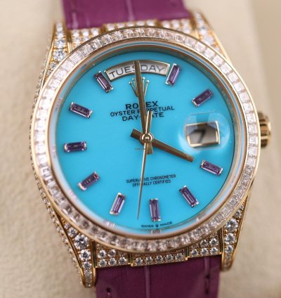 Rolex Day-date Purple Strap Blue Dial Factory Daydate Diamonds - 2023 - Lc100 - Neu Ungetragen - Fullse