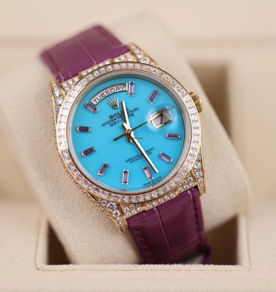 Rolex Day-date Purple Strap Blue Dial Factory Daydate Diamonds - 2023 - Lc100 - Neu Ungetragen - Fullse