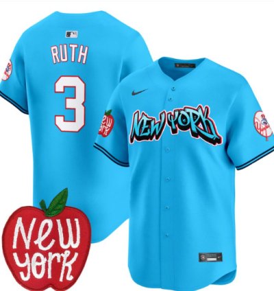 Babe Ruth Jersey 3 New York Yankees Apple Patch Vapor Premier Limited Stitched Light Blue