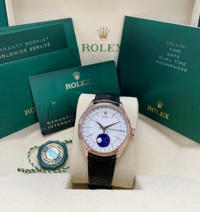 Rolex Cellini Moonphase New Cellini Moonphase 18k Rose Gold 39mm White Dial On Black Leather Strap