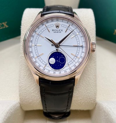 Rolex Cellini Moonphase New Cellini Moonphase 18k Rose Gold 39mm White Dial On Black Leather Strap