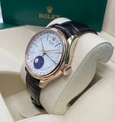 Rolex Cellini Moonphase New Cellini Moonphase 18k Rose Gold 39mm White Dial On Black Leather Strap