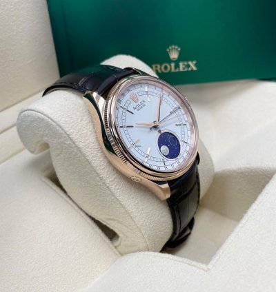 Rolex Cellini Moonphase New Cellini Moonphase 18k Rose Gold 39mm White Dial On Black Leather Strap