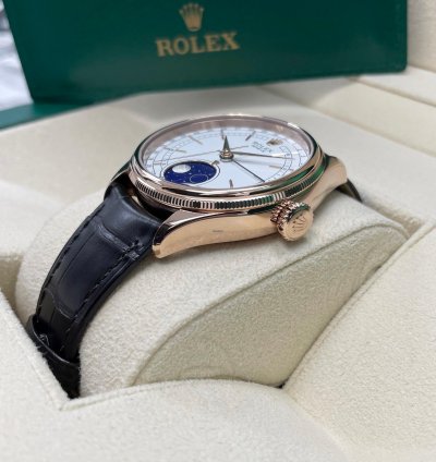 Rolex Cellini Moonphase New Cellini Moonphase 18k Rose Gold 39mm White Dial On Black Leather Strap