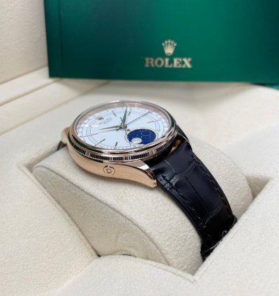 Rolex Cellini Moonphase New Cellini Moonphase 18k Rose Gold 39mm White Dial On Black Leather Strap