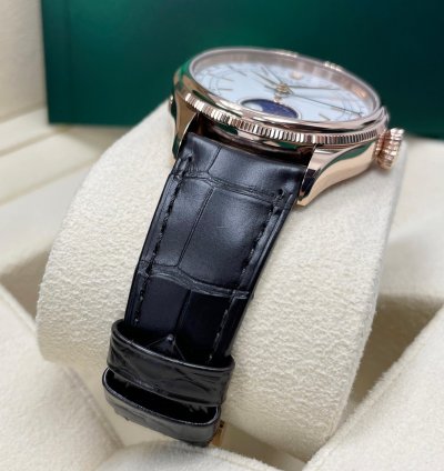 Rolex Cellini Moonphase New Cellini Moonphase 18k Rose Gold 39mm White Dial On Black Leather Strap