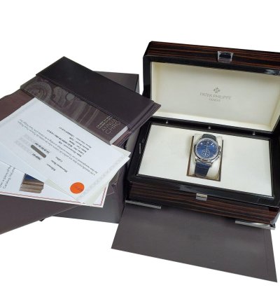 Patek Philippe Annual Calendar Chronograph Complications Annual Calendar Blue Baguette 5905p 001 Box Papers