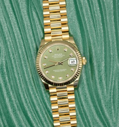 Rolex Datejust 31 2024 Yellow Gold Datejust 31 Factory Green Diamond Dial Unworn Box Papers 278278