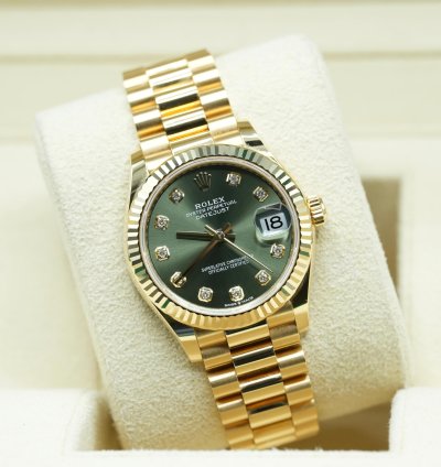 Rolex Datejust 31 2024 Yellow Gold Datejust 31 Factory Green Diamond Dial Unworn Box Papers 278278